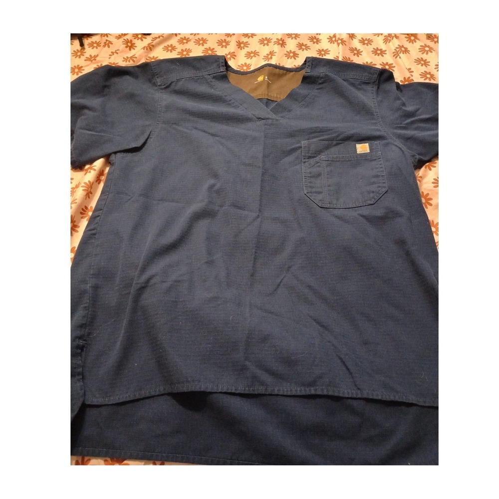 Carhartt Navy Blue Ripstop V-Neck Medical Scrub Top Short Sleeve Small